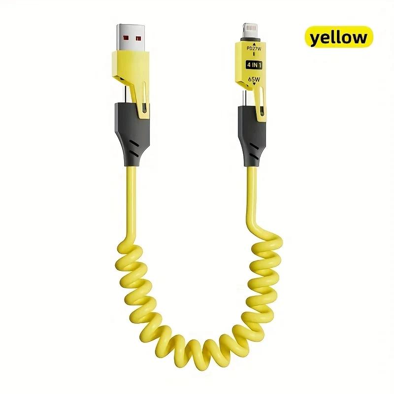 65W+PD27W 4 In 1 6A Charging Data Cable, Multifunctional Spring Retractable Fast Charging Cable for Samsung Huawei Xiaomi Iphone