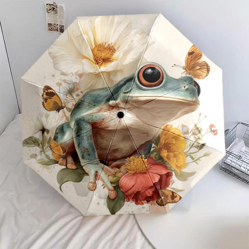 Frog and Flowers pattern, automatic folding umbrella, portable and foldable design, 8 ribs, a Christmas or birthday gift.
