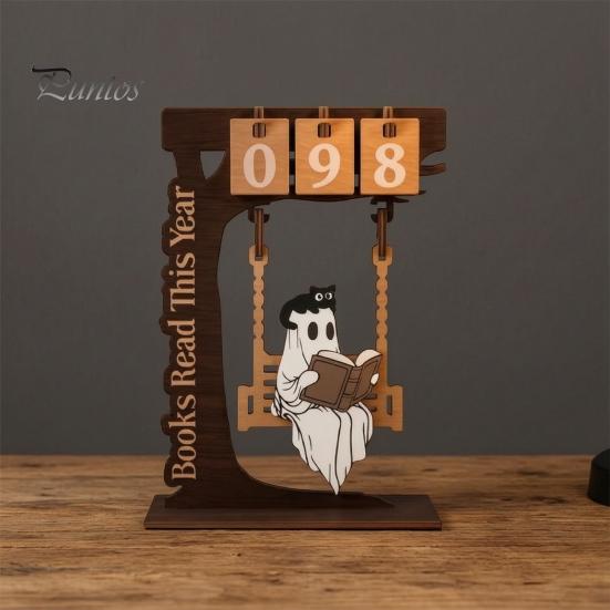 Unique Gift for Book Lovers Halloween Read This Year Counter, Funny Ghost Swing Wooden Ornament, Inspired Bookish Decor Gothic Reading Figurine
