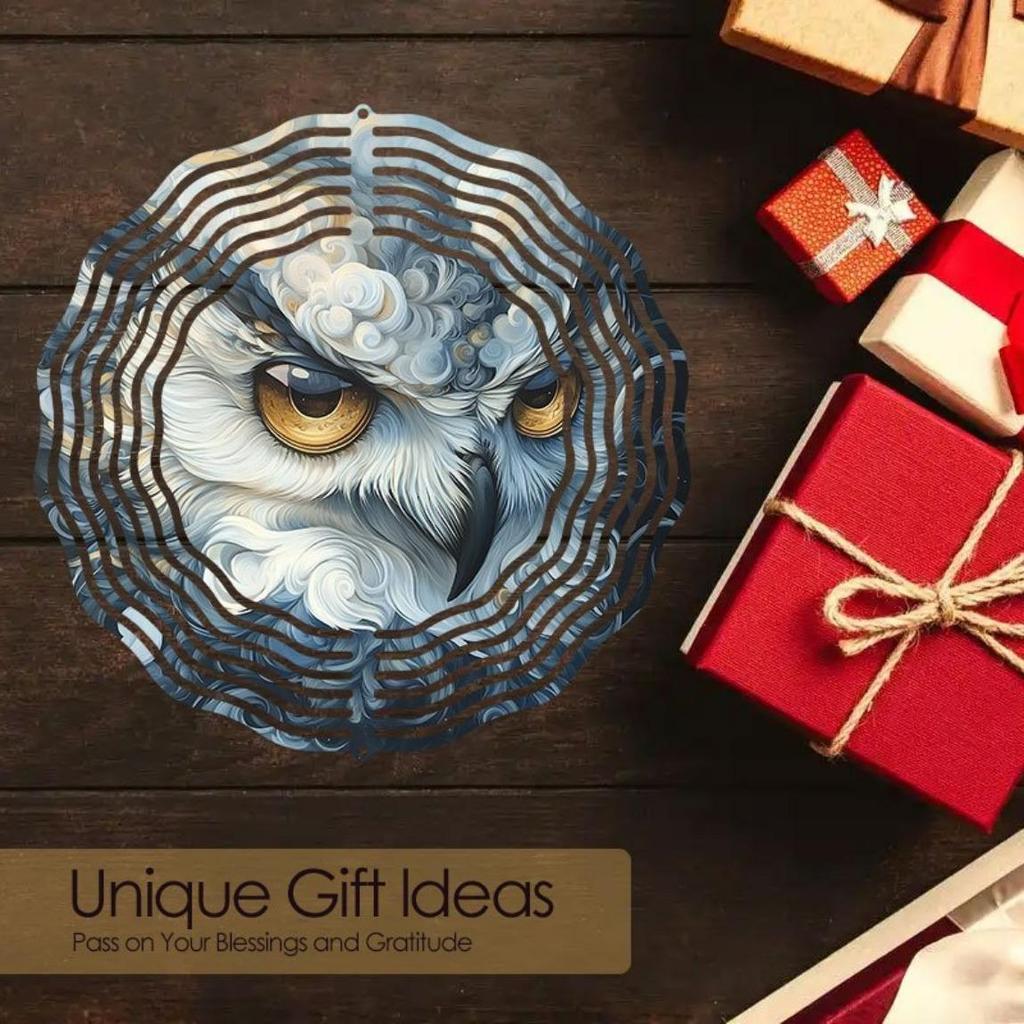 Klassisches Fantasy Eule Metall Windspiel Blau Weiß Kinetische Hängedekoration für Außen Garten Terrasse Weihnachten Thanksgiving Geschenk Kein Strom erforderlich