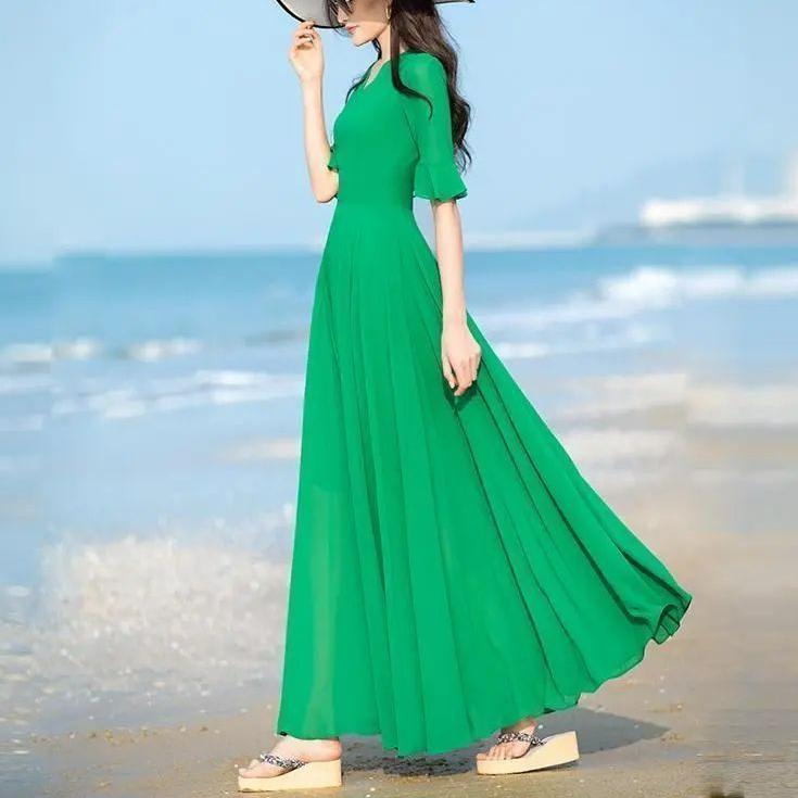 Letná móda Nové kórejské jednoduché elegantné šifónové šaty strednej dĺžky Jednofarebné s výstrihom do V, zipsom v páse, patchworkové šaty s motýlikovými rukávmi