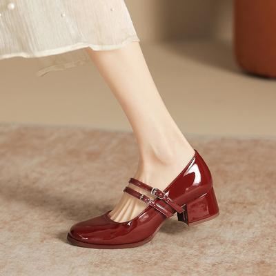 Large Size Mary Jane Shoes Women Block Heel Patent Leather Black Shoes