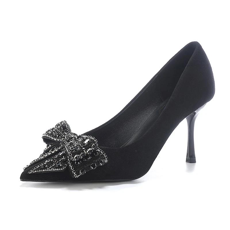 

2025 Новые женские туфли на высоком каблуке с неглубокой подошвой, модные туфли с бабочкой для офиса и карьеры, сексуальные туфли с острым носком, бестселлер для женщин 40