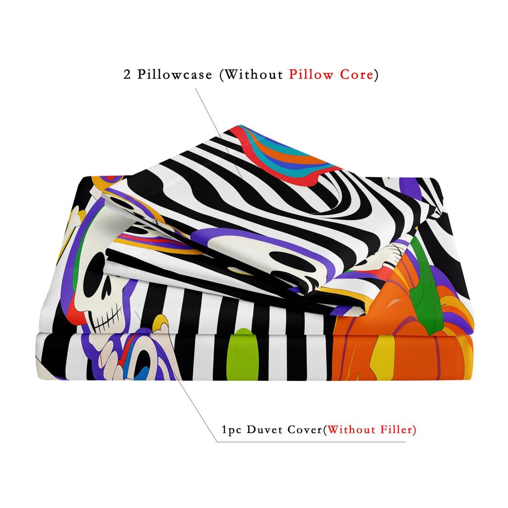 3 Pieces Rainbow Skeleton Halloween Print Duvet Cover Set, Black White Wavy Stripe Pumpkin Ghost Colorful Swirl Printed Bedding