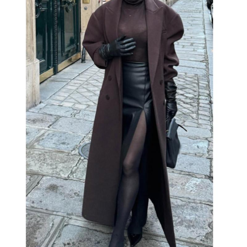 Herbst und Winter Damen Eleganter zweireihiger Kaffeefarbener Mantel Damen Revers Mode Langärmliger Freizeitmantel High Street Wear