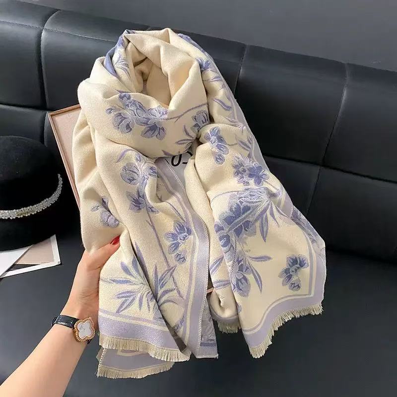 National Style Ancient Building Antique Retro Autumn And Winter Women'S Imitation Cashmere Short Beard Fringed Warm Scarf Shawl Scarf