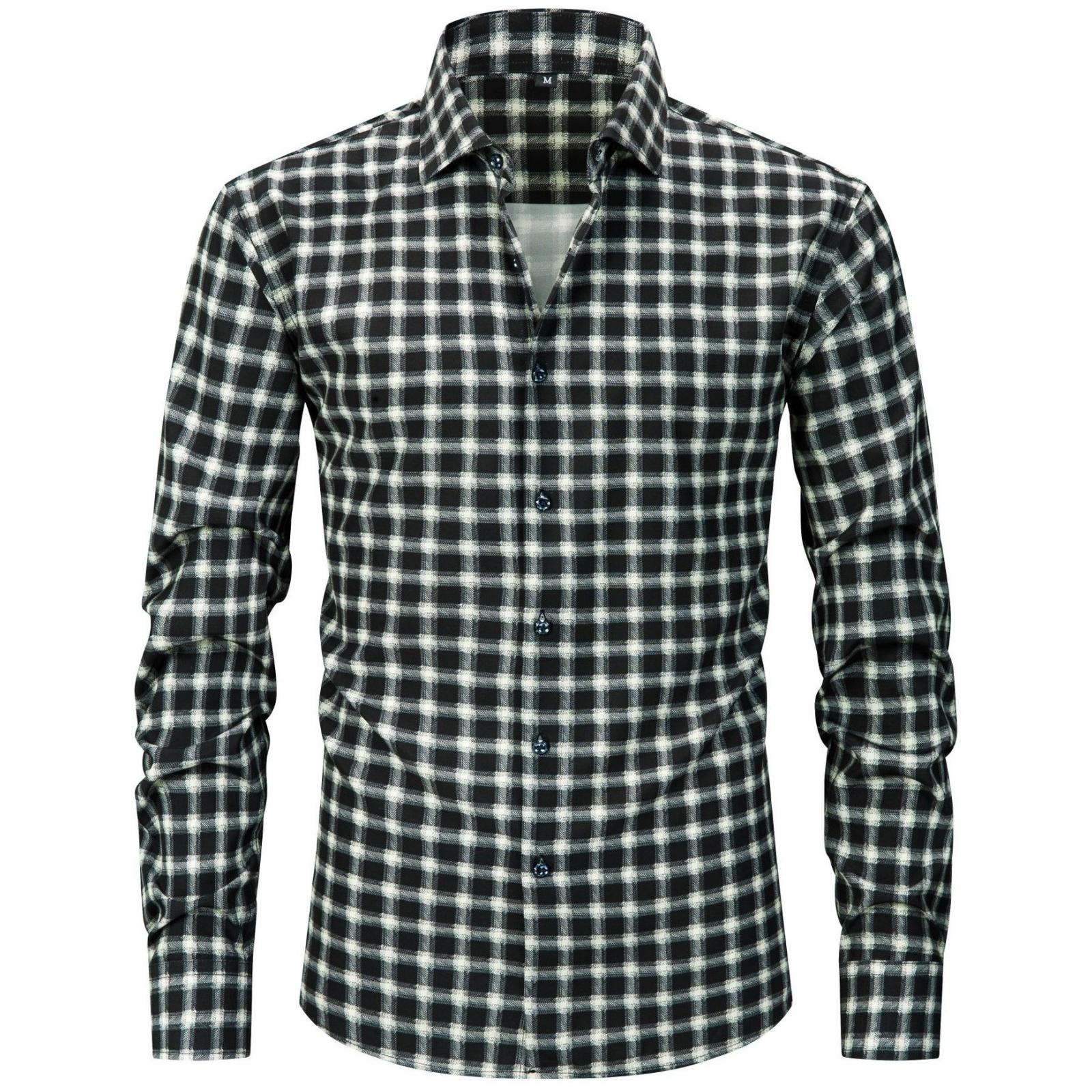 

Мужская эластичная клетчатая полосатая рубашка с длинным рукавом большого размера, мужская рубашка на пуговицах светлого цвета с квадратным воротником и цифровой печатью S чёрный
