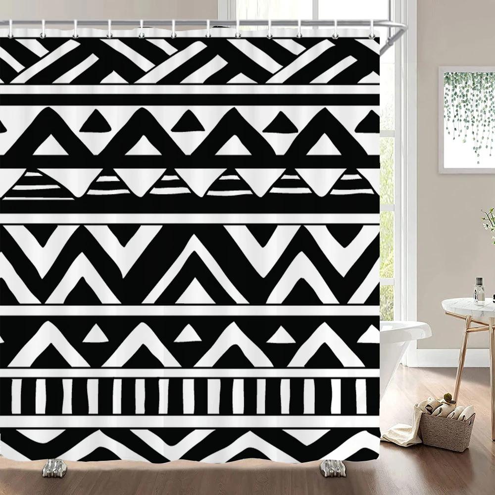 1 Pc Black White Geometric Print Polyester Shower Curtain Waterproof Fabric Partition Bathroom Curtain ,Decoration Bath Curtain