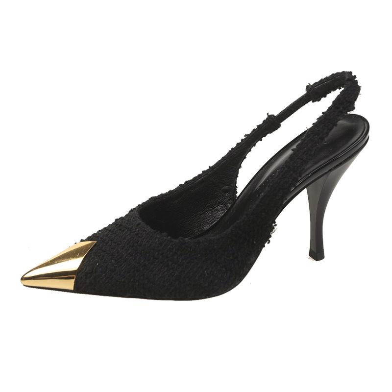 Black High Heels Women's Design Sense 2024 Summer New Korean Version French Pointed Line Single Shoes Metal Bag Head Sandals