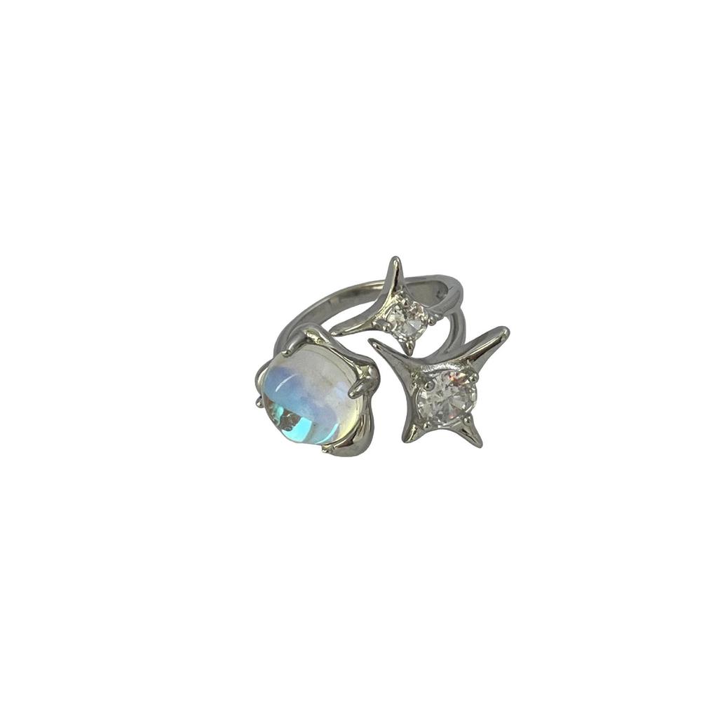 Influencer Starry Moonstone Ring with Iridescent Diamond Star Design