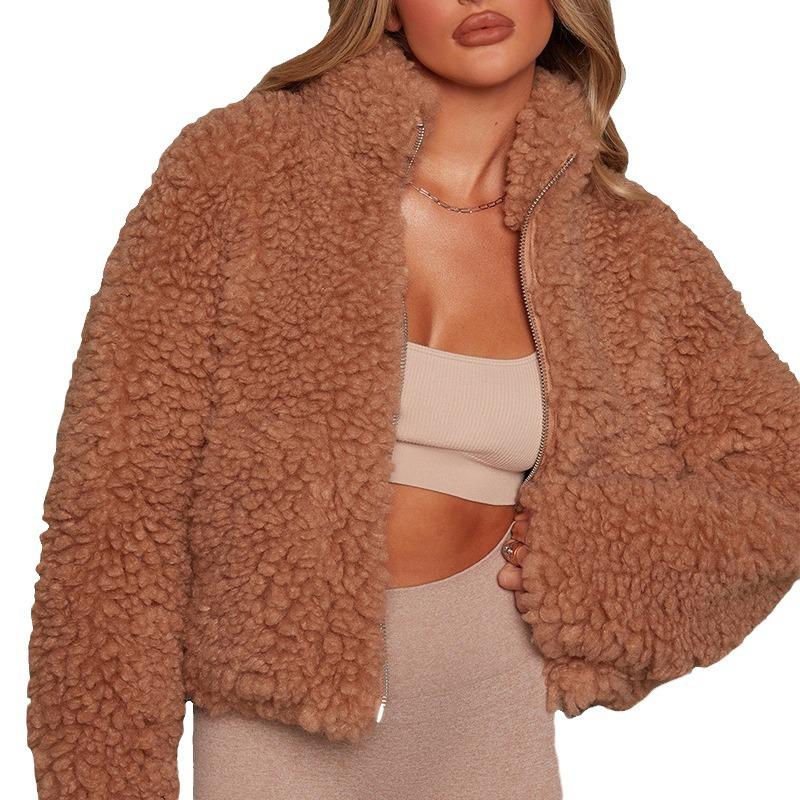 2024 Women's Lambswool Plush Cardigan Short Jacket - European/American Fashion for Autumn and Winter.