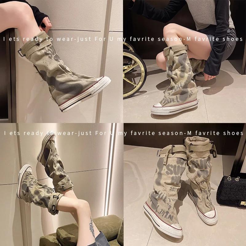 Fashion Graffiti High Top Canvas Shoes Women's Spring Boots Wide Barrel Mid Barrel Boots 2024 New Trouser Barrel Stacking Boots