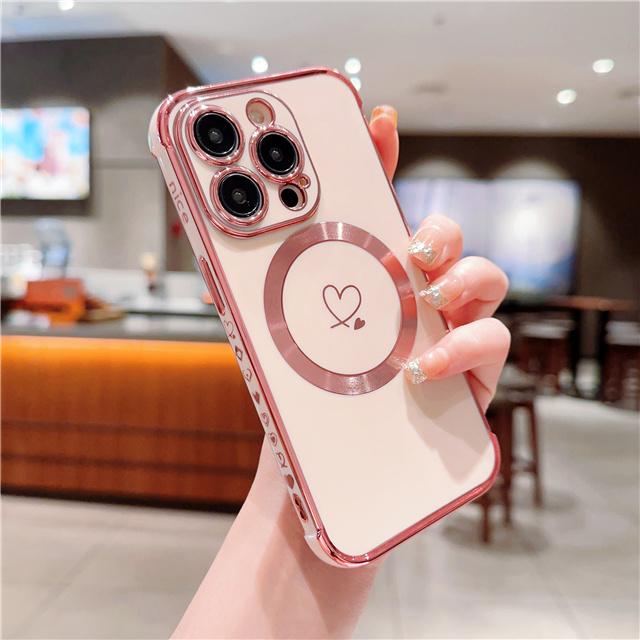 For iPhone Luxury Heart-shaped Magsafe Magnetic Plating Pattern Frame Phone Case For iPhone 11 12 13 14 15 16 Plus Pro Max Cover
