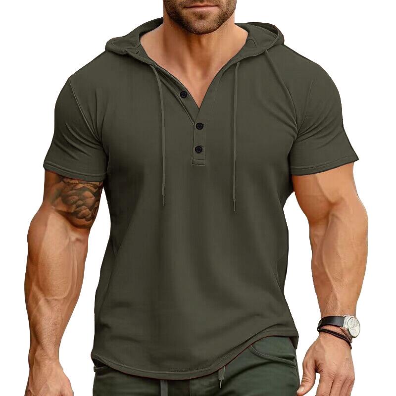 2024 Cross-Border Men's Short-Sleeve Henley Hoodie T-Shirt - European & American Style Fitness Top