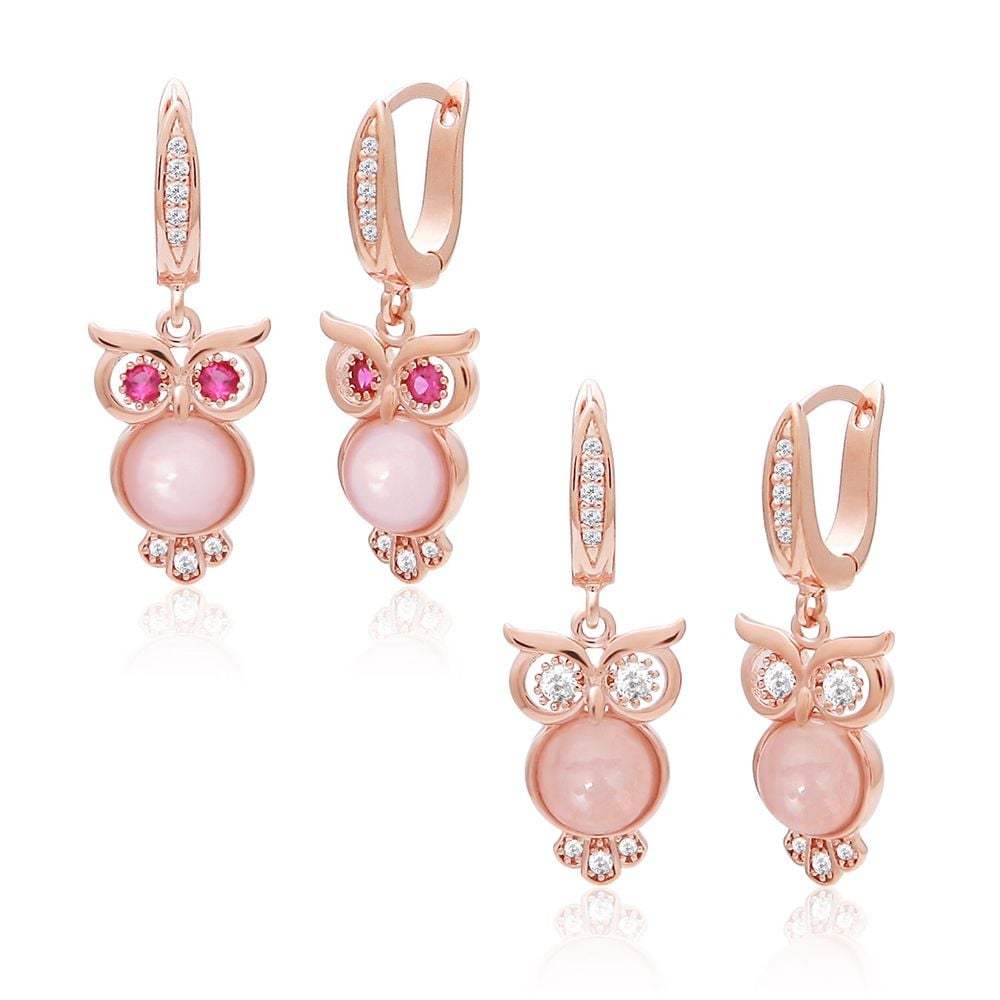 14K Gold Needle Rose Quartz Owl One-Touch Ring Rose Gold Earrings