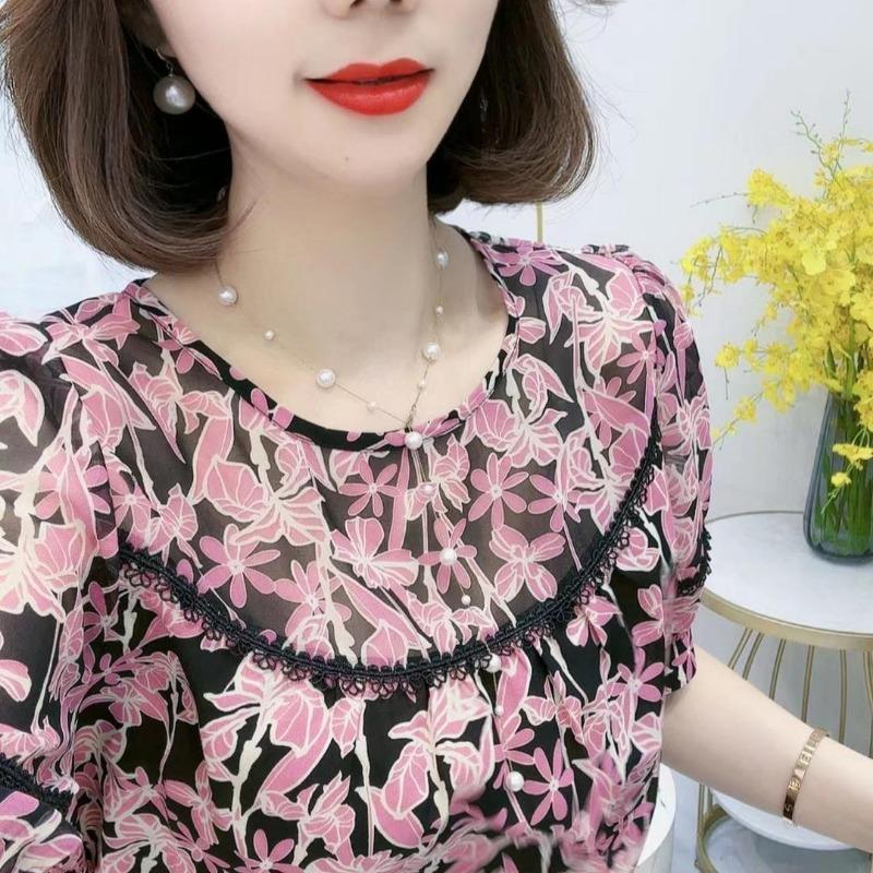 Women Casual Floral Print Lace Trim Loose Chiffon Blouse