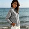Women's Casual Loose Fit Long Sleeve Shirt Half Zip Front Striped Pattern Collared Blouse Lightweight Top for Everyday Wear