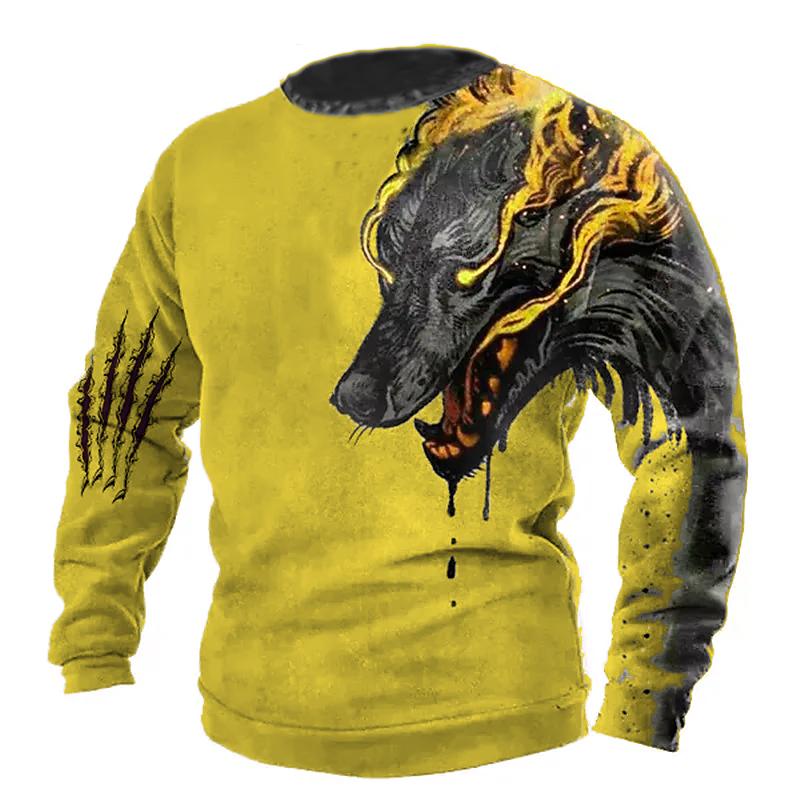 

Spring and Autumn Round Neck 3D Wolf Printed Top Fashionable Casual Vintage Long Sleeved Men s T-shirts S