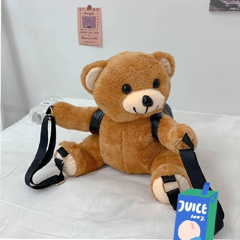 Mochila de Urso de Pelúcia Fofa Novo Estilo 2023 Bolsa de Ombro para Meninas Material Macio
