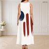 Women Plus Size Sleeveless Maxi Dress Round Neck Triple Keyhole Cutout Star Stripe Print Red Blue Off White