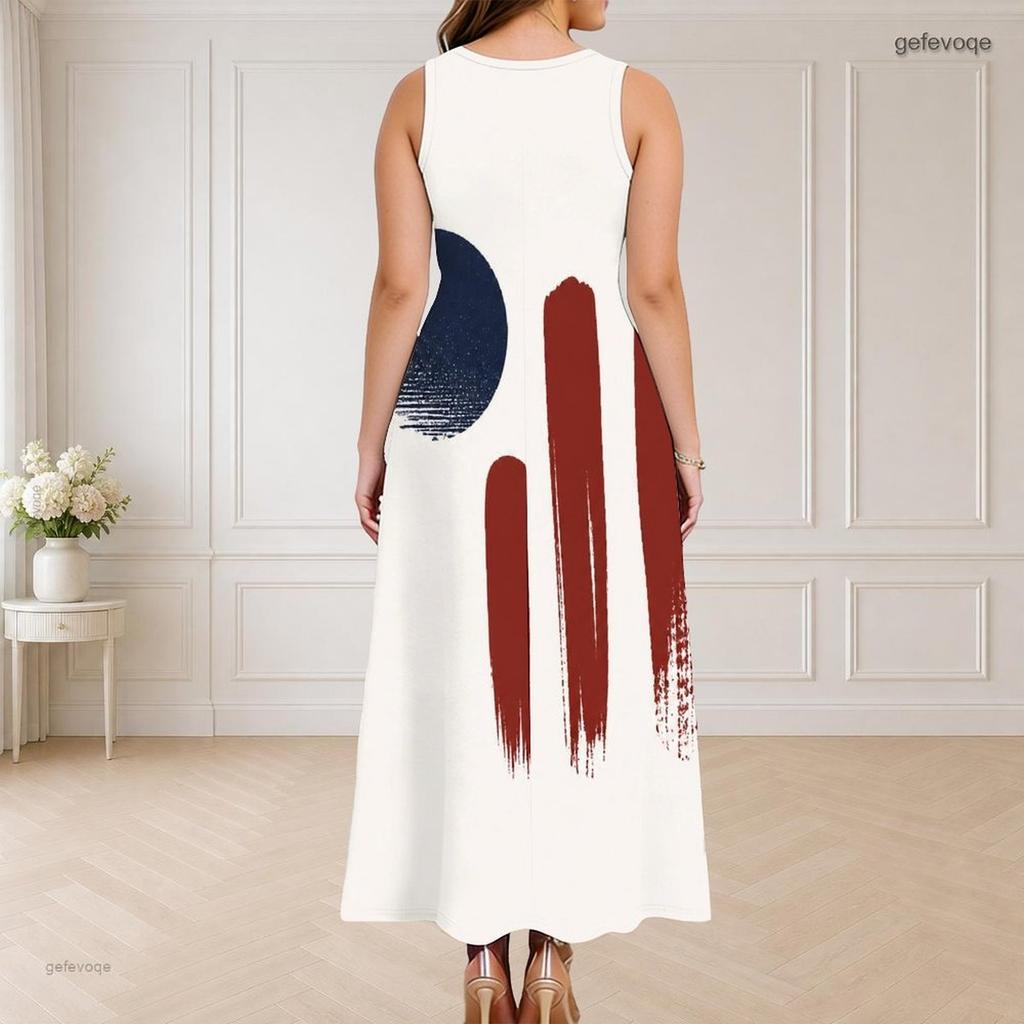 Women Plus Size Sleeveless Maxi Dress Round Neck Triple Keyhole Cutout Star Stripe Print Red Blue Off White