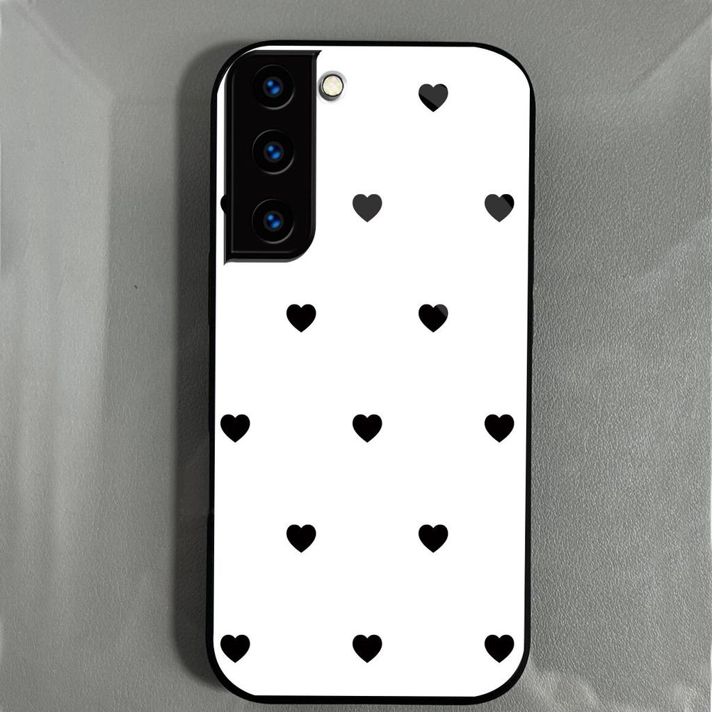 Black Heart Pattern Phone Case for Samsung Galaxy S22+ S22 S21 FE S21+ Acrylic Back TPU Bumper Shockproof Protective Cover, Minimalist Korean Style