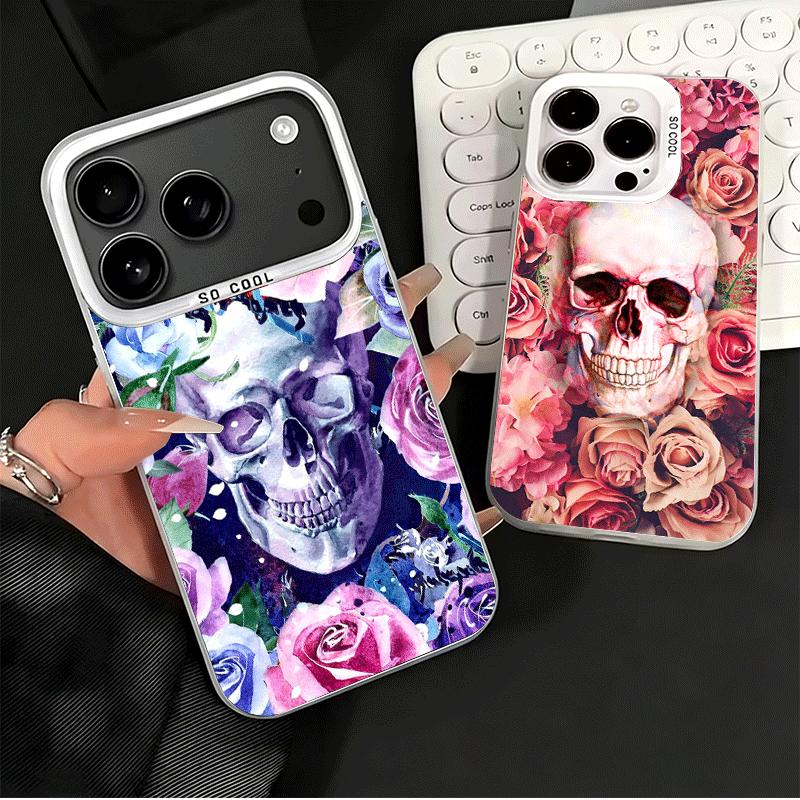 Floral Skull Flower Skeleton Soft Phone Case for iPhone 15 16 17 Pro Max 17Air 16E 14 Plus 13 12 Mini Shockproof Cover Back Shel