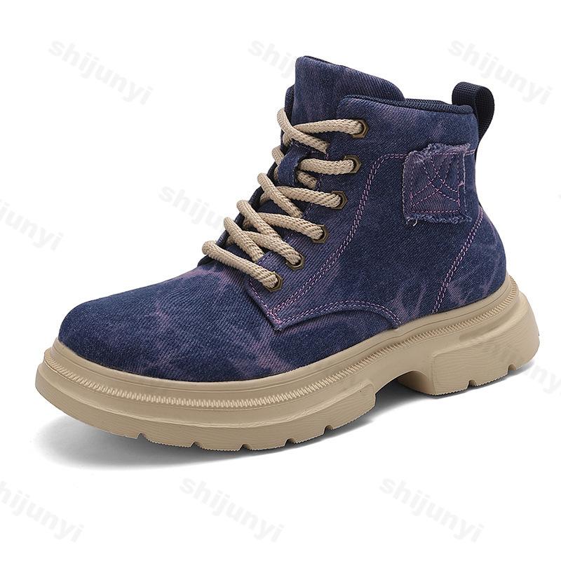 Autumn Thick Sole Denim Retro Fashion Design Casual Short Boots for Women Breathable Comfortable Lace Up Chunky Ankle Boots