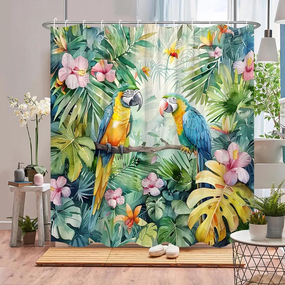 Papagei Duschvorhang Tukan Tropische Pflanze Tier Blume Blatt Ozean Flamingo Cartoon Polyesterstoff Badezimmerdeko Vorhänge