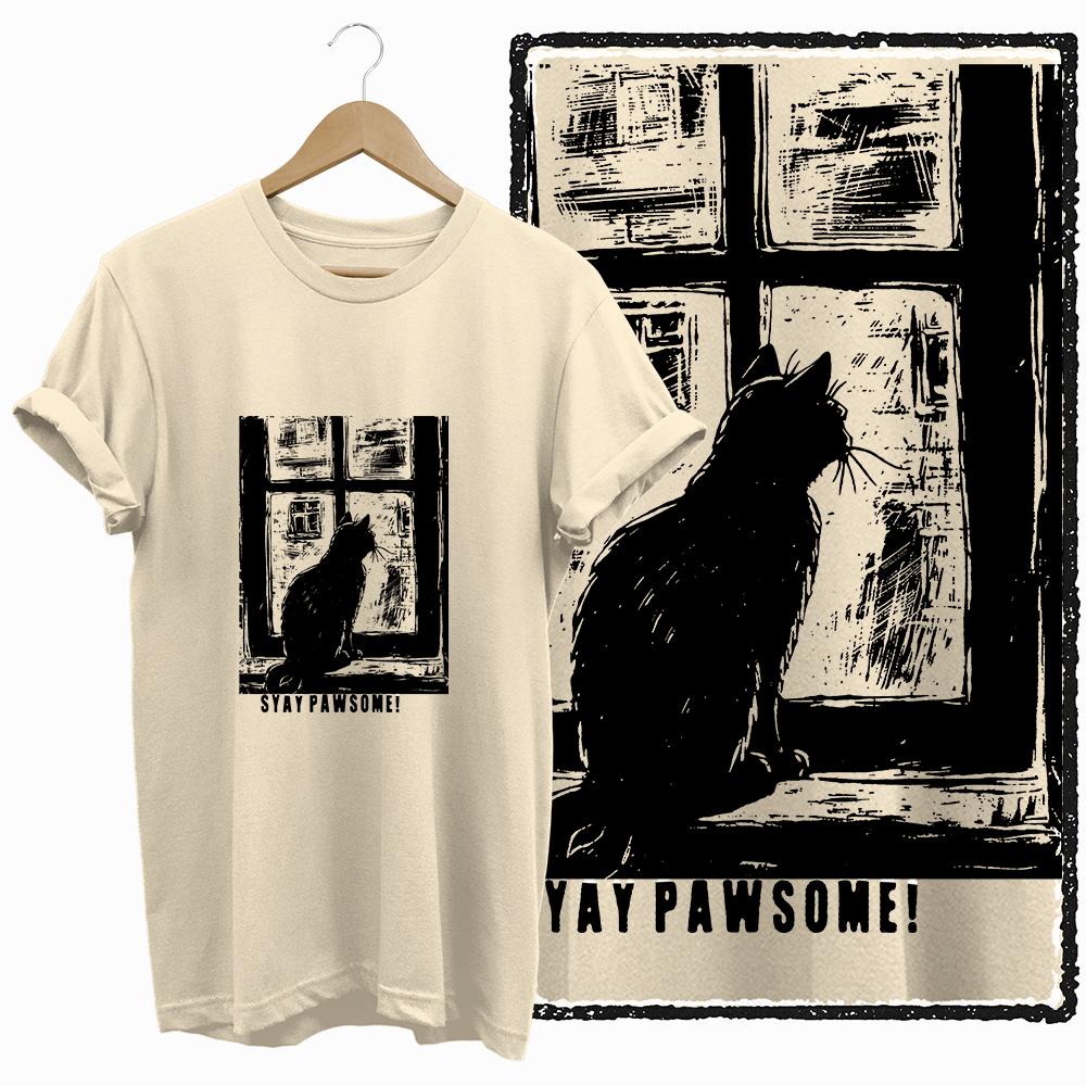 COOLMIND 100% cotton BEIGE cat print exclusive graphic women T shirt big size loose cotton cat lover women tshirt LOVELY cat tee