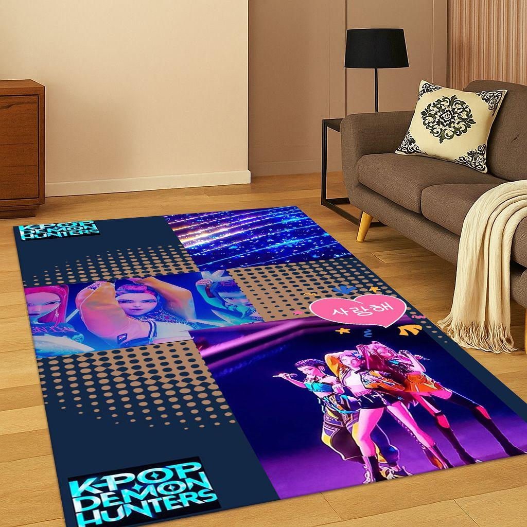 Kpop Dämonenjäger Rumi Mira Zoey Musik Cartoon Teppich für Schlafzimmer Wohnzimmer Sofa Heimdekoration, Rutschfeste Fußmatte Geschenk