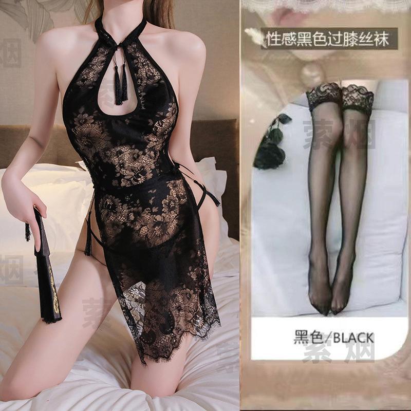 Sexy lingerie cheongsam hot slim uniform seduction flirting bed passion midnight backless jacquard nightdress