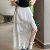 White Lace Trim Midi Skirt for Women - Summer Asymmetric Hem Tiered Cake Skirt with Ruffle Details