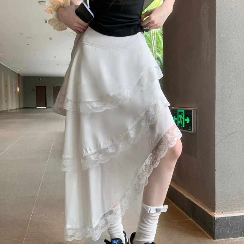 White Lace Trim Midi Skirt for Women - Summer Asymmetric Hem Tiered Cake Skirt with Ruffle Details