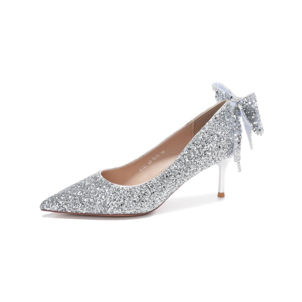 -B French crystal bow high heels socialite temperament banquet show he sequined bridal bridesmaid shoes