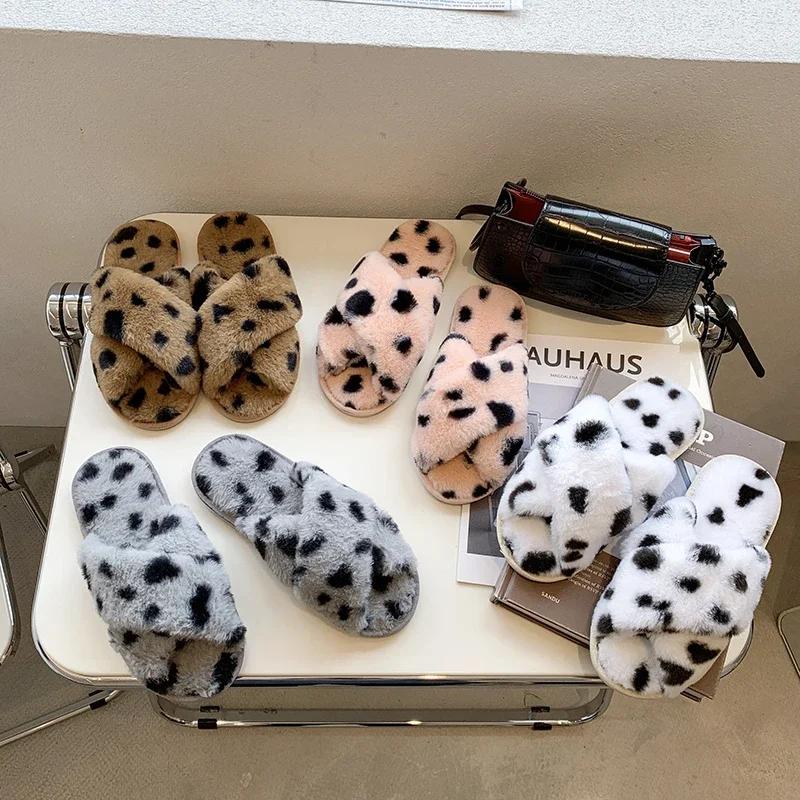 Flat Fluffy Fur Slippers Women Colorful Cross Tie Warm Furry Slippers Women Winter Flip Flops Home Slides Indoor Floor Shoes