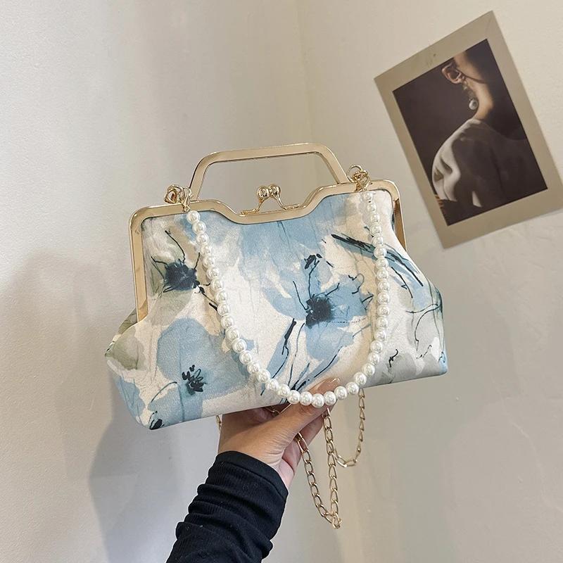 Perlenstickerei Druck Damen Schultertaschen Schlichtheit Trend Drehverschluss Umhängetaschen für Frauen Ketten