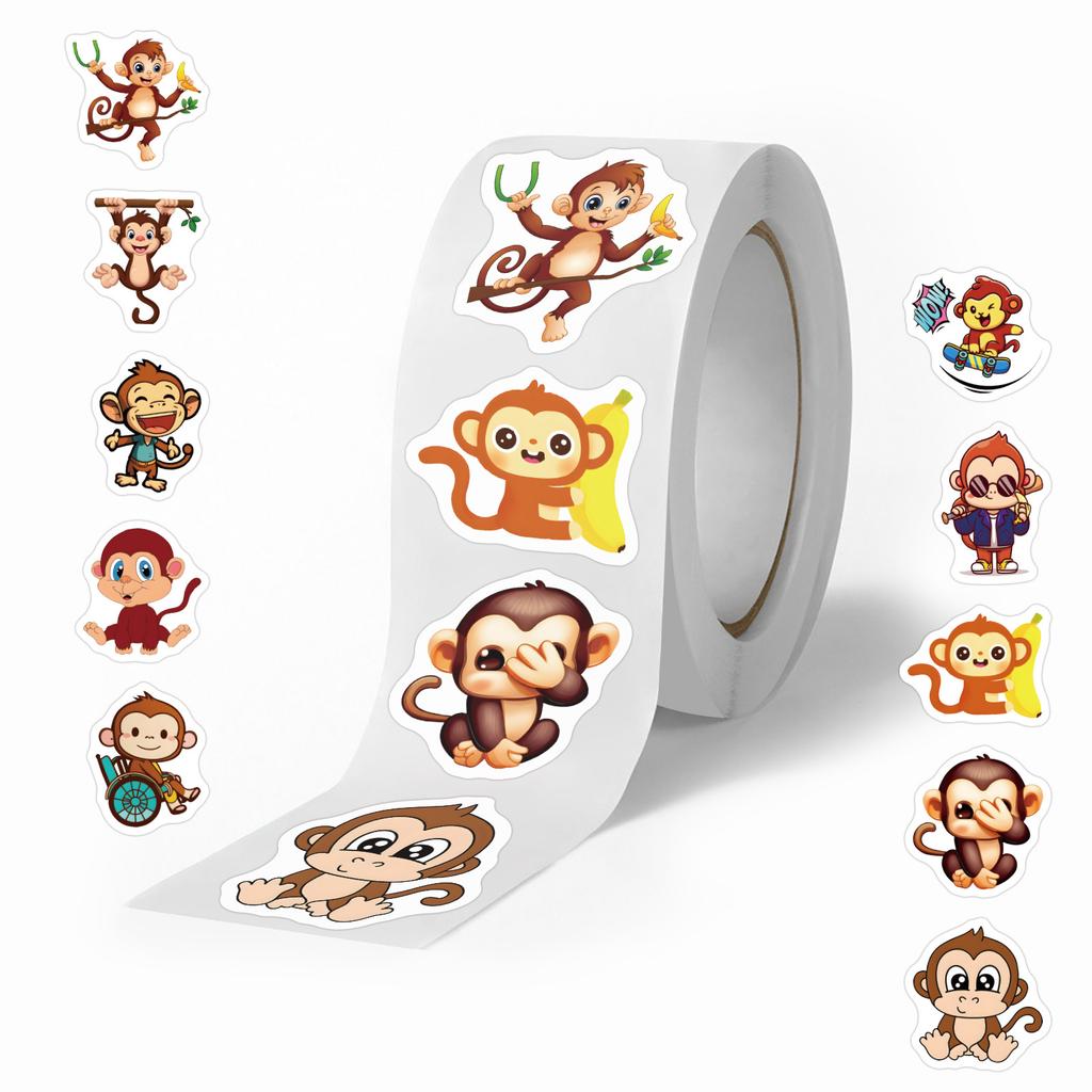 500/roll Cartoon Monkey Roll Sticker Cute Animal Children DIY Skateboard Suitcase Sticker