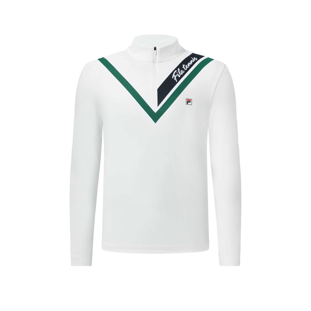 Fila Geometric Pattern Color Block Half Zip Stand Collar Tennis Sports Printed Long Sleeve T-Shirt Men Tops White A11M313201FWT