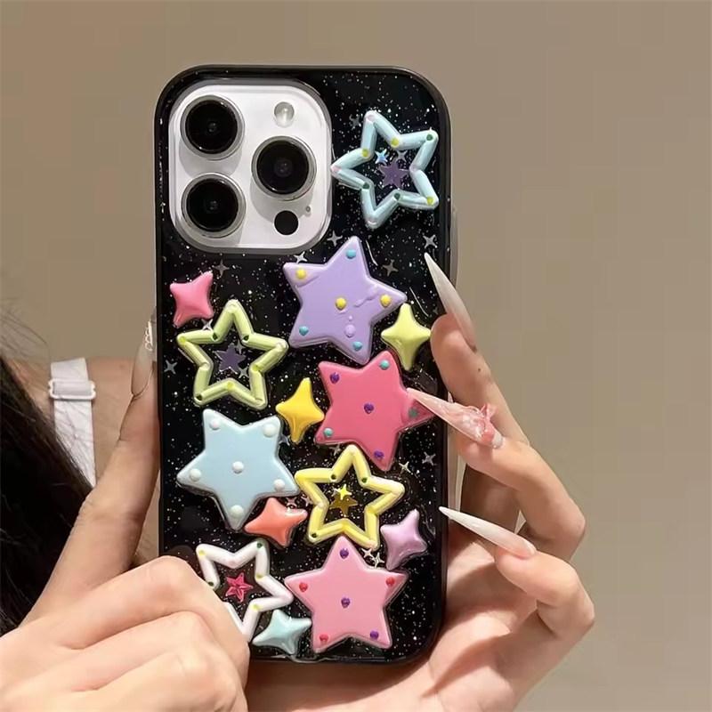 Glitter Bling 3D Dopamine Stars Protection Case For iPhone17 Air 16 E 15 14 13 12 11 Pro Max Plus X XR 7/8 SE Lovely Epoxy Transparent Acrylic Cover