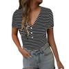 Women's Fashion Stripe V Neck Short Sleeved Pullover Casual T-shirt Top