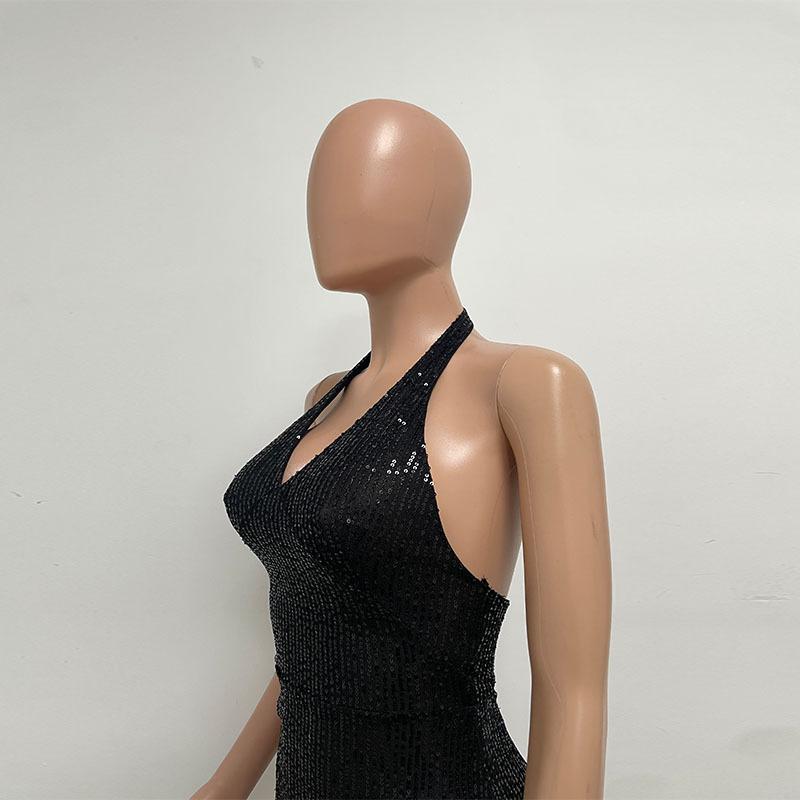 Women's Halter Neck Deep V Halter Dress Design Sense Spice Girl Oblique Slit Fringe Dress