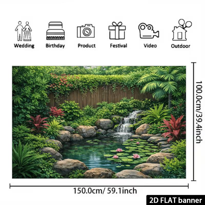 2D Lush Jungle Waterfall Backdrop with Lily Pads for Studio Photoshoot