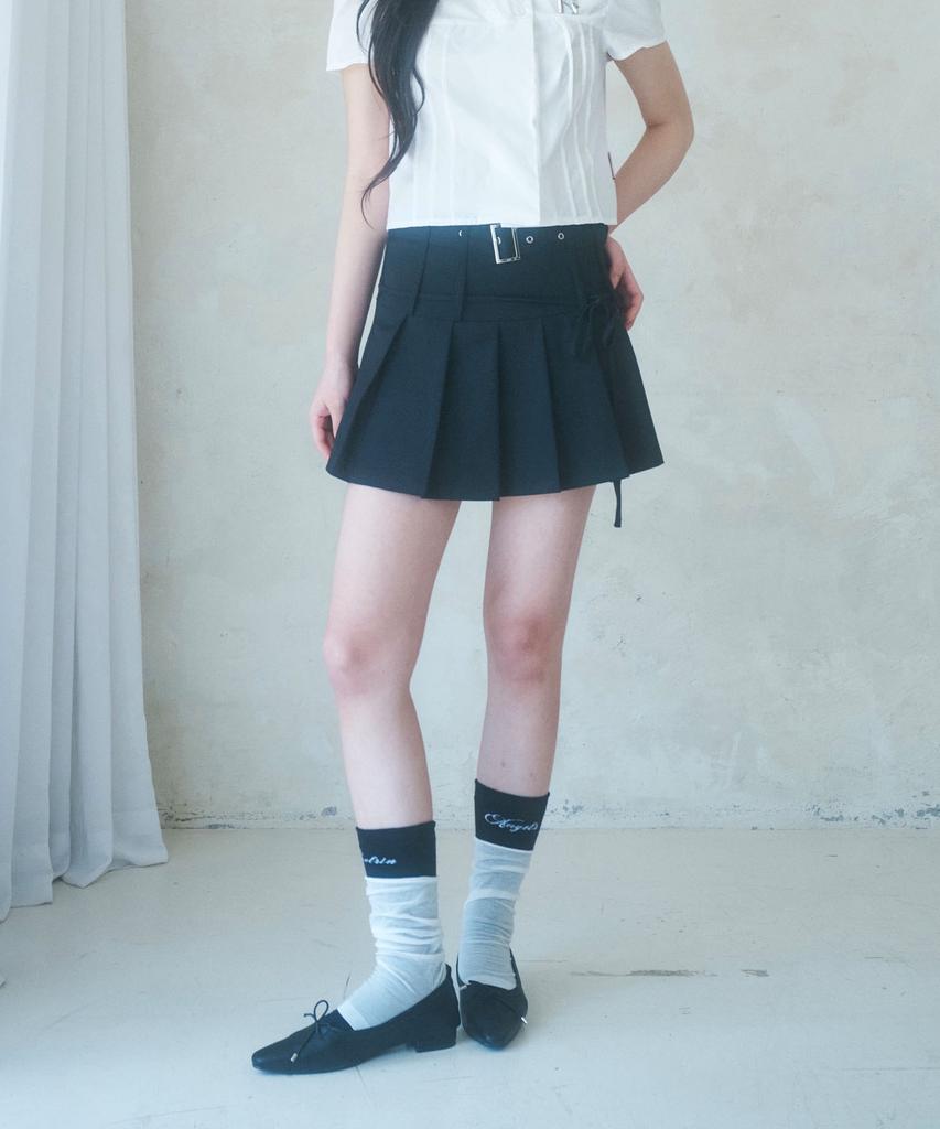 NEWALRIN Highteen Belt Ribbon Pleats Skirt(3Colors)
