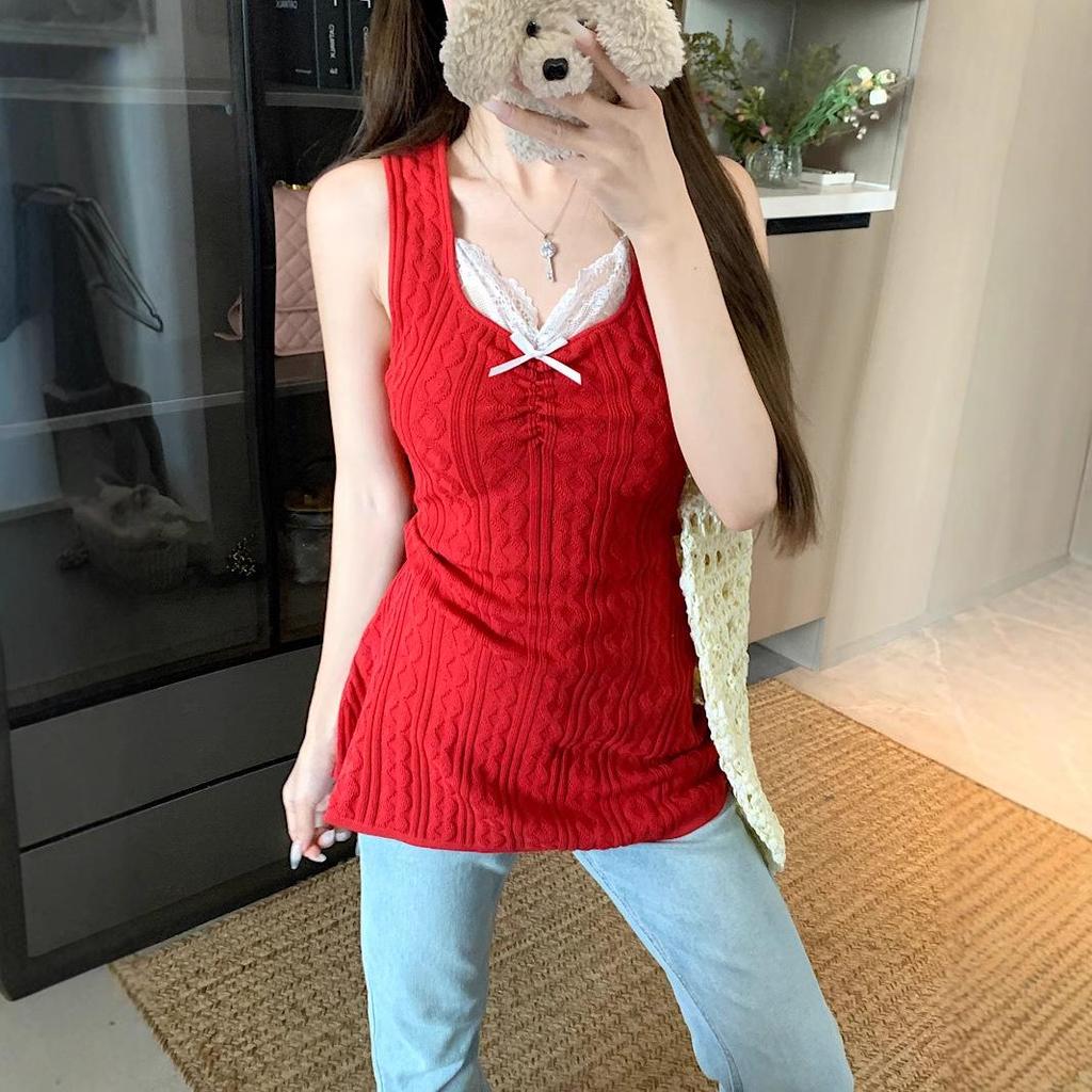Korean Style Lace Knit Slim-Fit Vest Blouse for Women - Summer Casual Solid Color Pullover