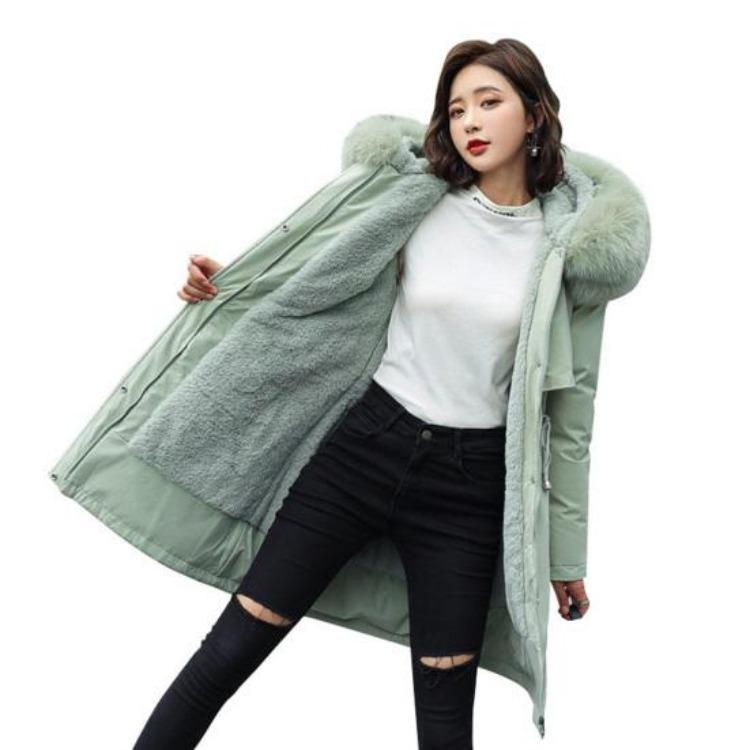 Winter Plus Size Jacket Women Long Sleeve Knee Length Thick Plush Furry Hood Pockets Zipper Button Closure
