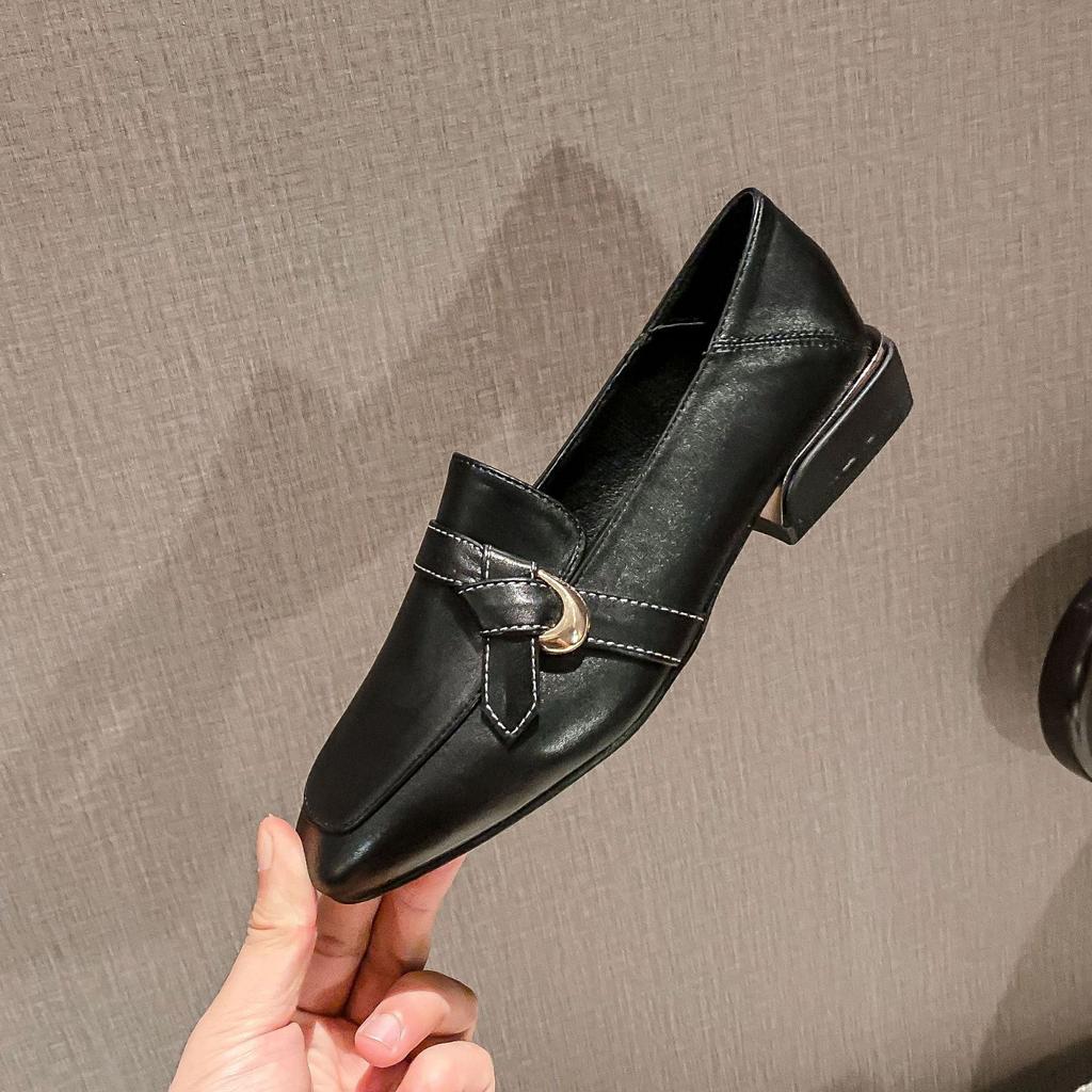 Loafers women's 2025 autumn square head one-pedal women's shoes soft-soled British small leather shoes French flat-soled single shoes commuting