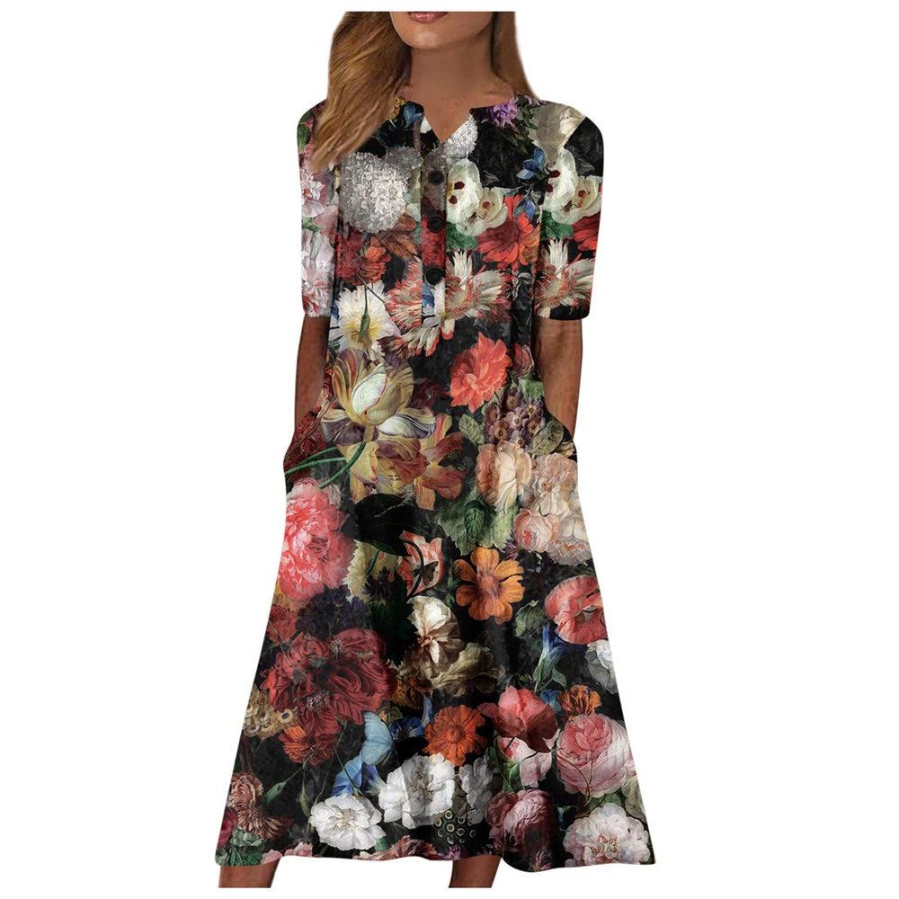 

Літня жіноча сукня великого розміру Повсякденна сукня з коротким рукавом і кишенями Повсякденна сукня в стилі бохо з квітковим принтом Плавна сукня 5XL