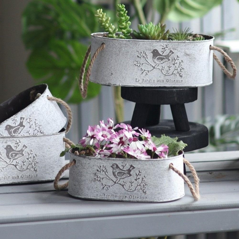 Distressed Finish Metal Flower Pot Vintage Style Succulent Planter Plant Container Bedroom