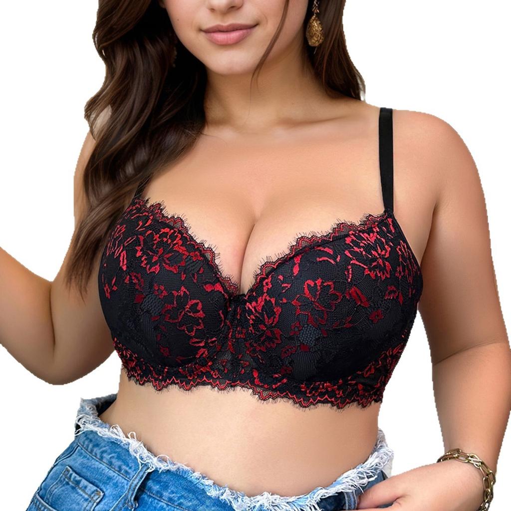 Black and Red Gathered Large Size Bra To Prevent Sagging and Side Breasts Full Cup Lace Sexy Women's Underwear